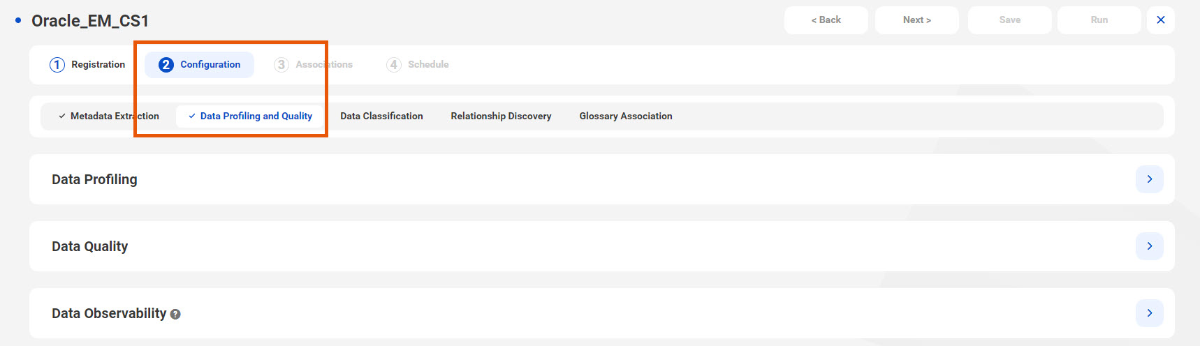 The image shows the Data Profiling and Quality tab in the Configuration tab of a catalog source configuration wizard.