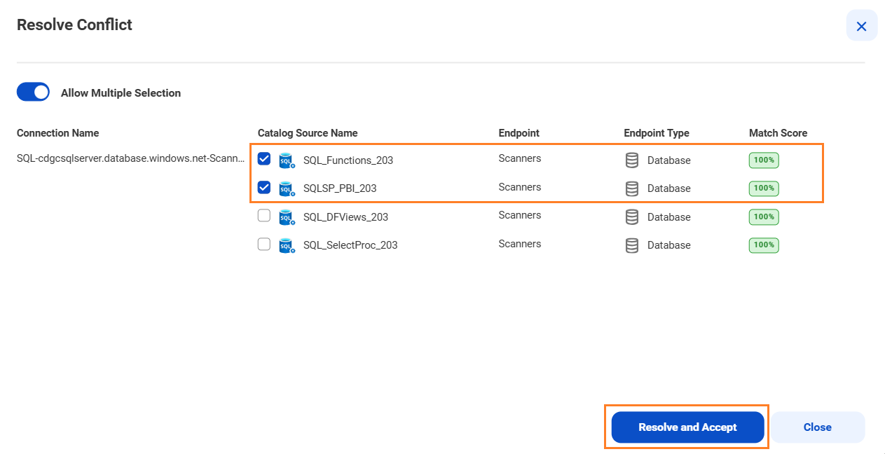 Image of the Resolve Conflict dialog box with the options to select multiple catalog sources and the Resolve and Accept button highlighted.