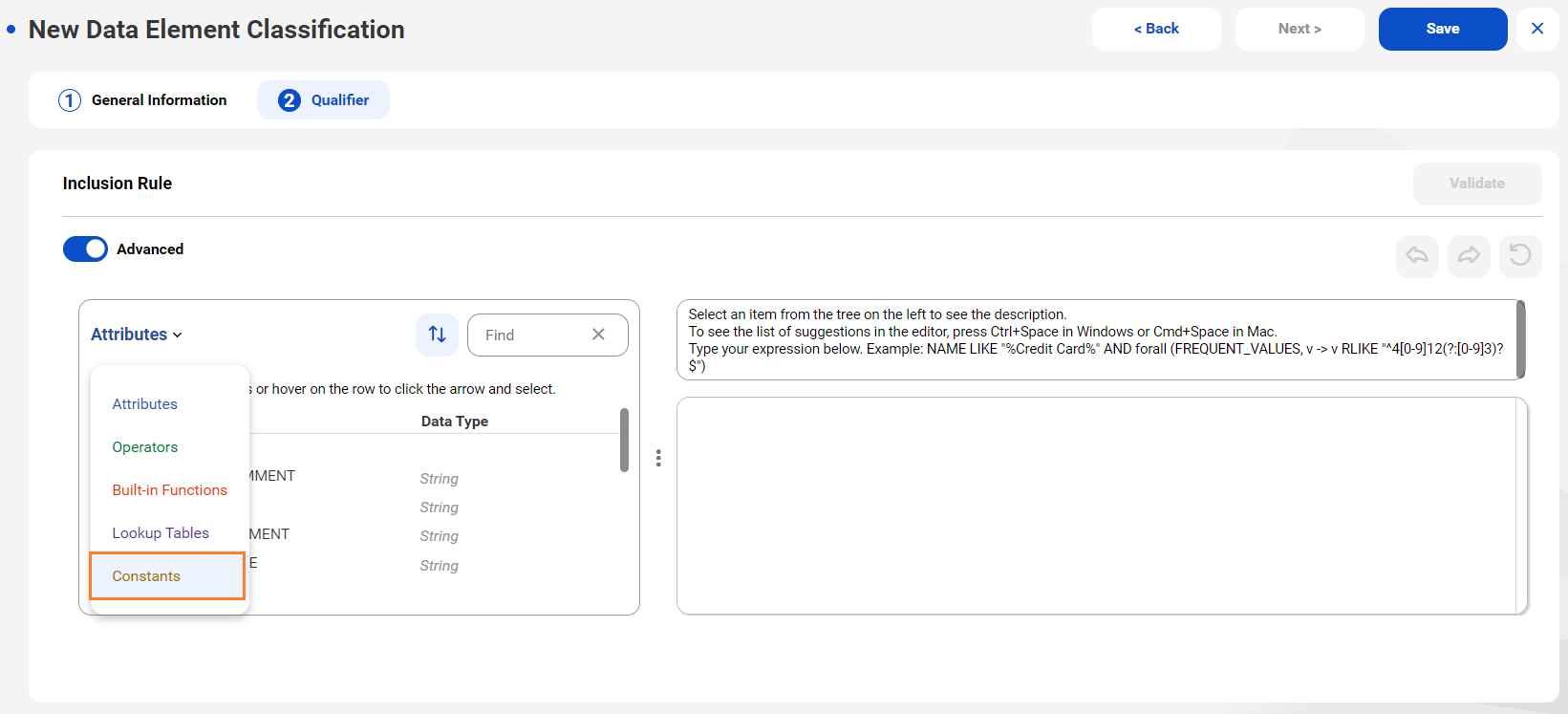 Image of the Advanced mode in the New Data Classification window.