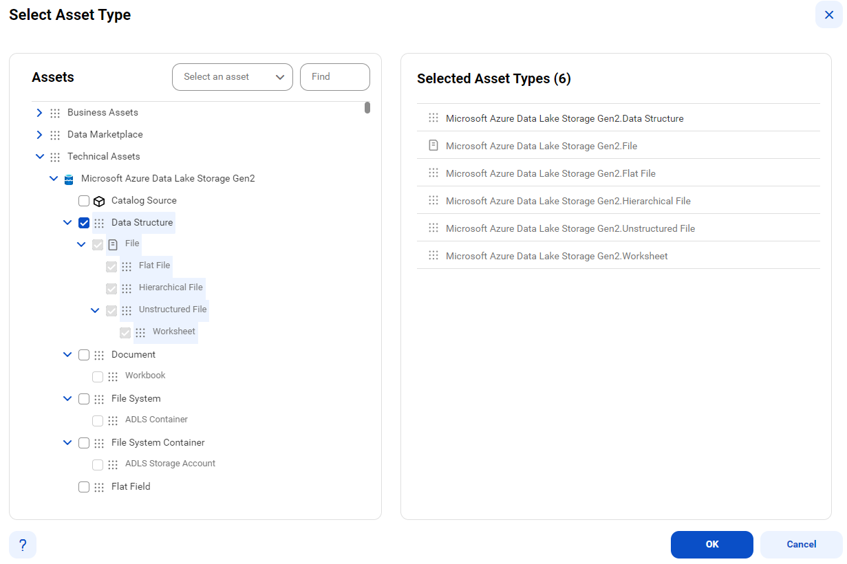 Image depicting a Select Asset Type dialog box with a list of asset types that you can select on the left and an area with the selected asset types listed on the right.