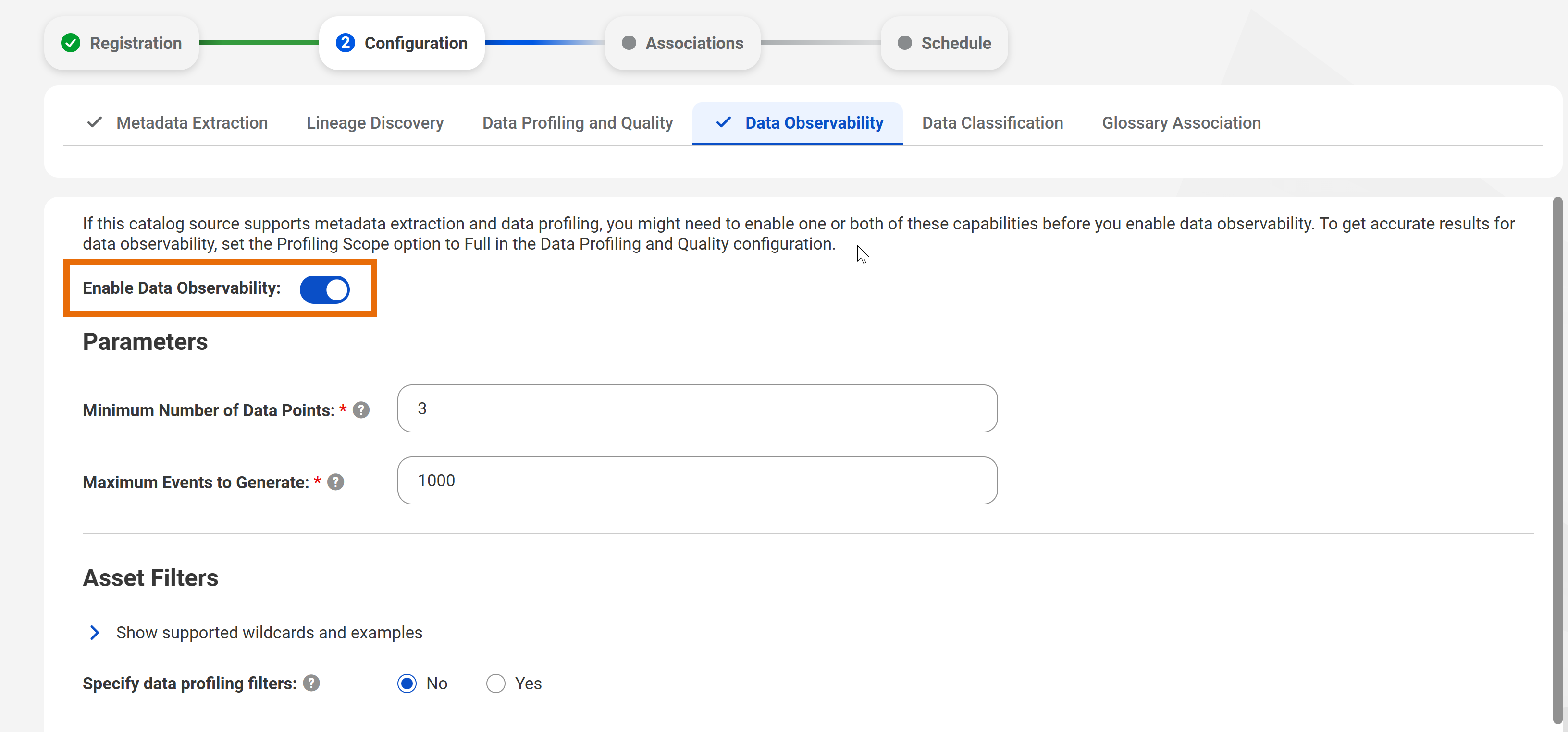 The Data Observability toggle is enabled and highlighted on a catalog source configuration wizard.
