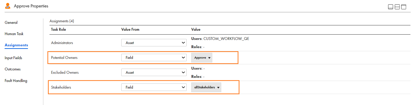 The Assignments tab of a Human Task step with Potential Owners and Stakeholders mapped correctly and highlighted.