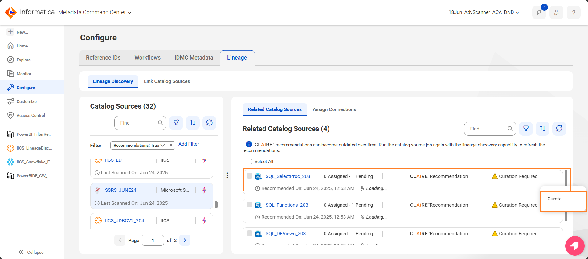 Image of the Related Catalog Sources tab highlighted with the option to curate a CLAIRE recommendation with conflicts.
