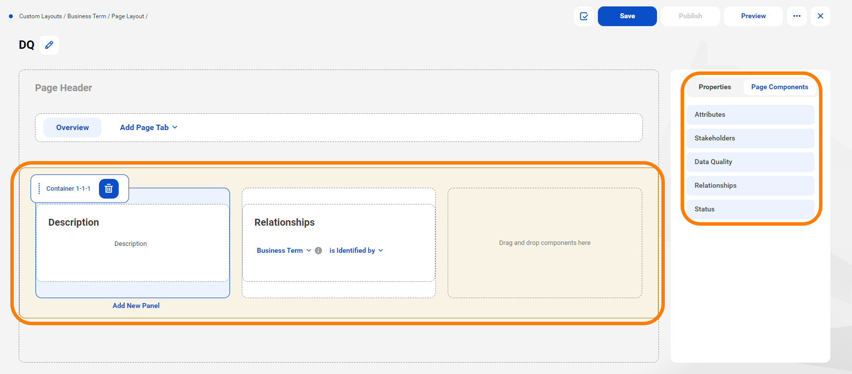 Image depicting an example layout. The Description and Relationships panels are added to the Overview tab.