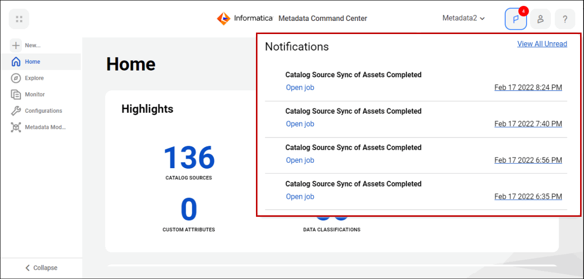 Image of the Notifications tray in Metadata Command Center