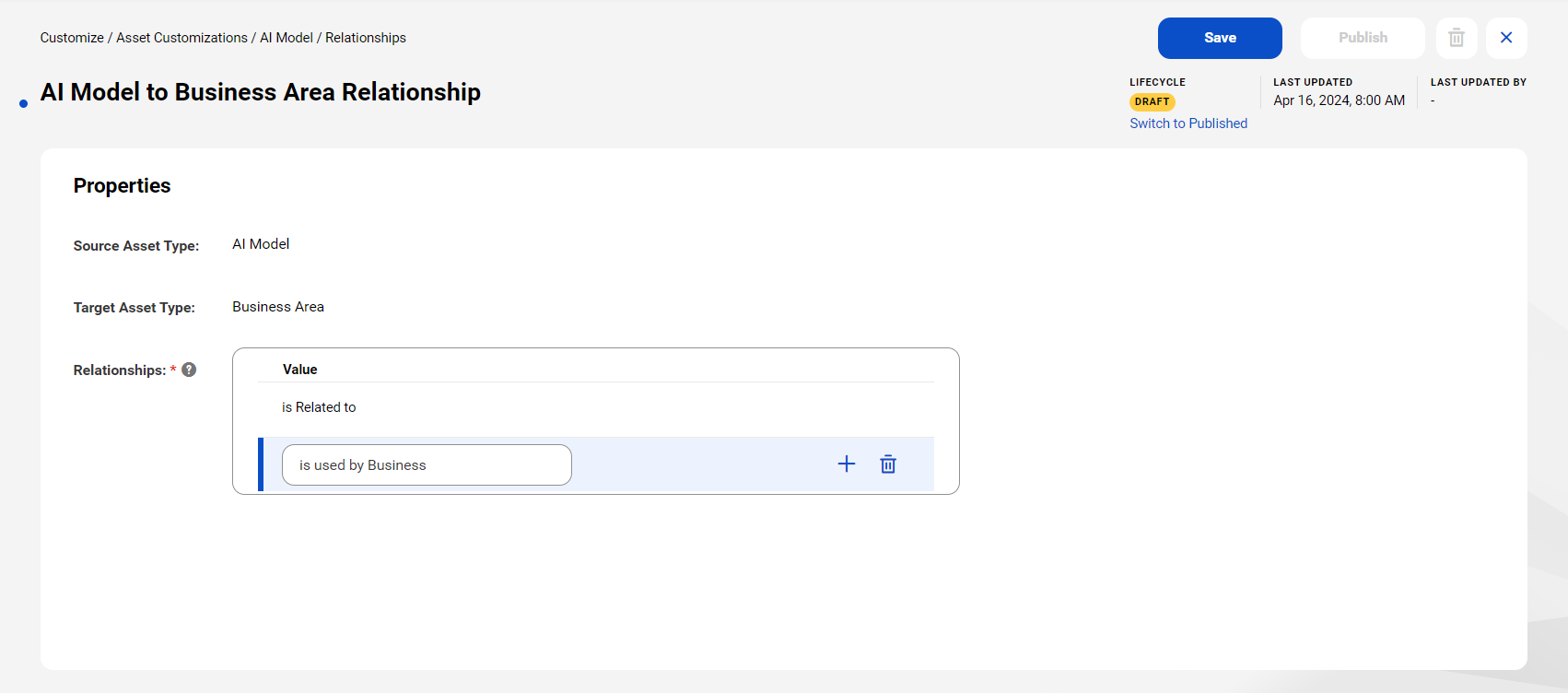 Image depicting the Relationships page for the AI Model asset type. A relationship type is being edited.