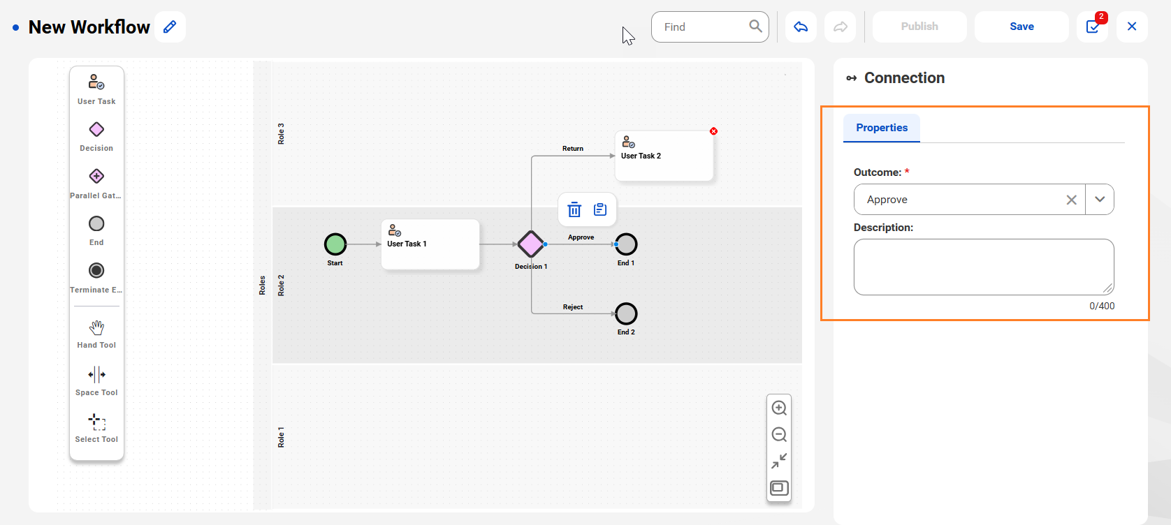 The Properties tab of an outgoing connection from the Decision Gateway 1 component with Approve selected as the Outcome.