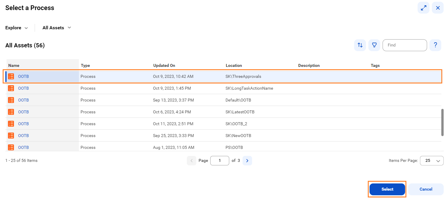 The Select a Process dialog box with a process selected and a Select button.