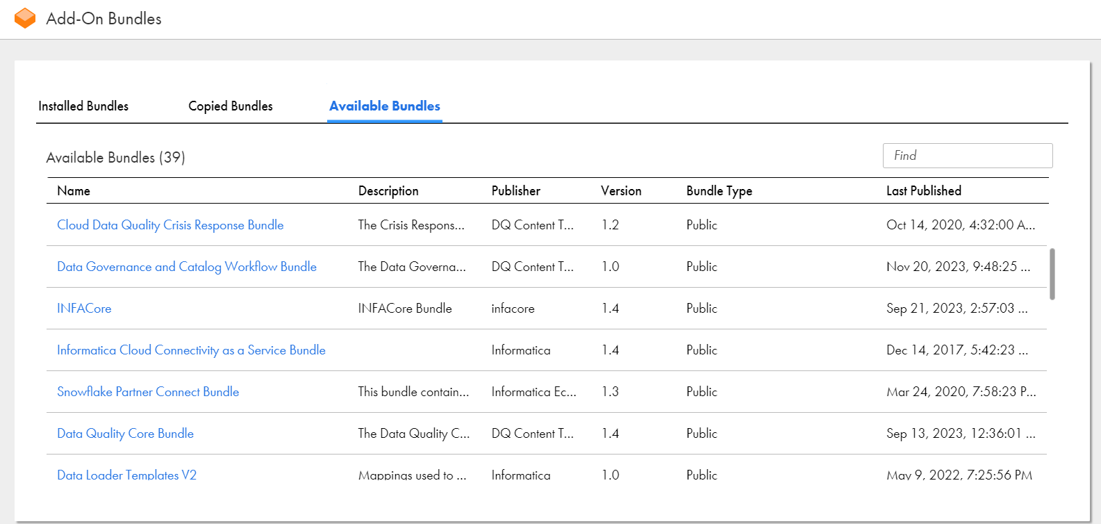 The Available Bundles tab of the Add-On Bundles page with the bundles you can copy.