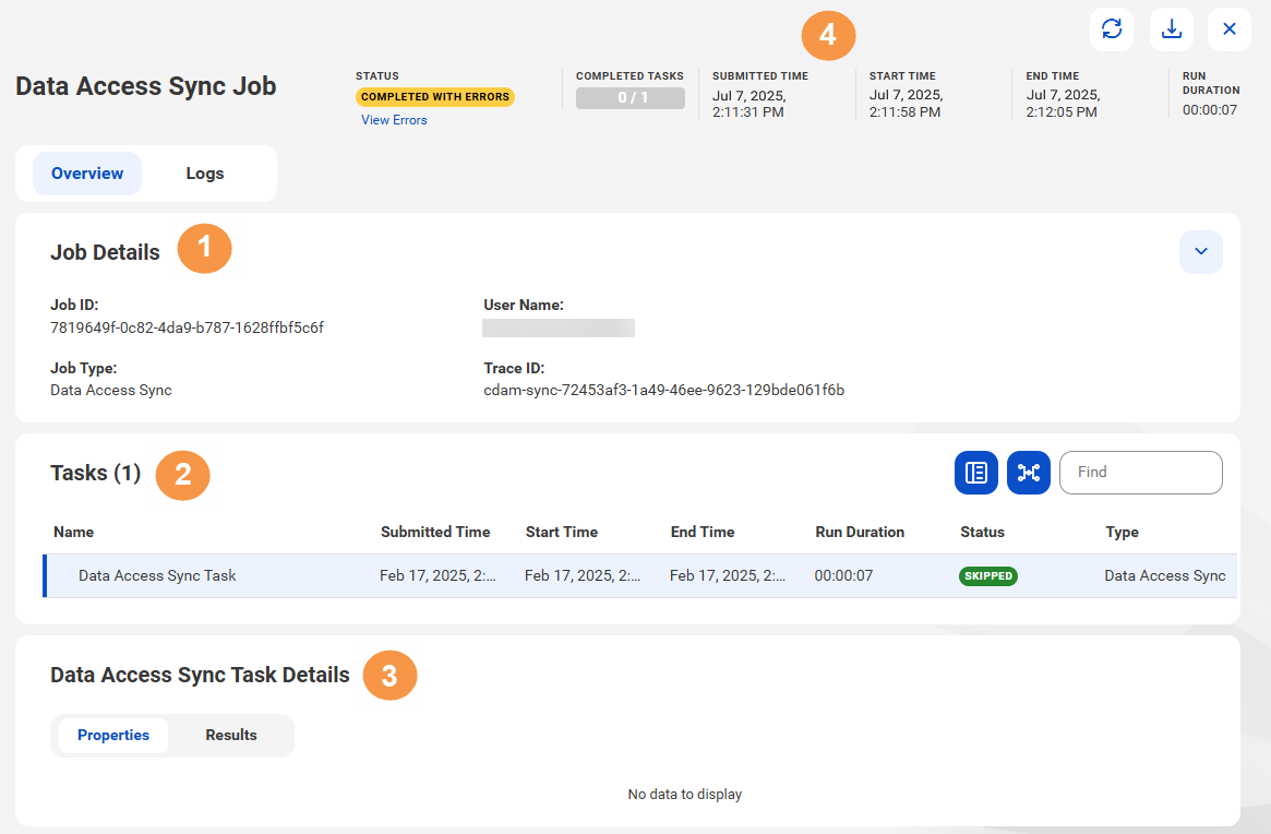 Each section of the screen has a number that corresponds to a section in this document. Section 1 is "Job Details." Section 2 is "Tasks." Section 3 is "Data Access Sync Task Details." Section 4 is the menu.
