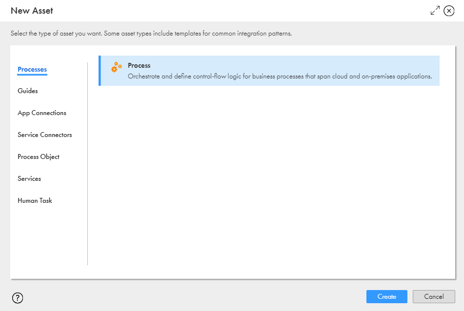 The New Asset dialog box with Process selected.