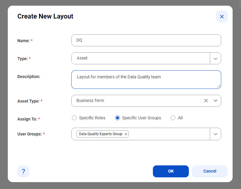 Image depicting the dialog box to create a new asset page layout.