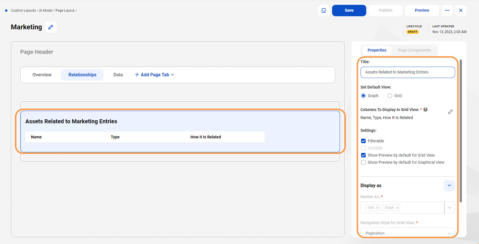 Image depicting customization options for a tab with a grid.