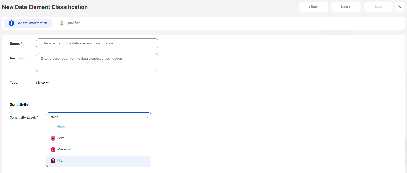 The image shows the New Data Element Classifications window with the sensitivity level options.