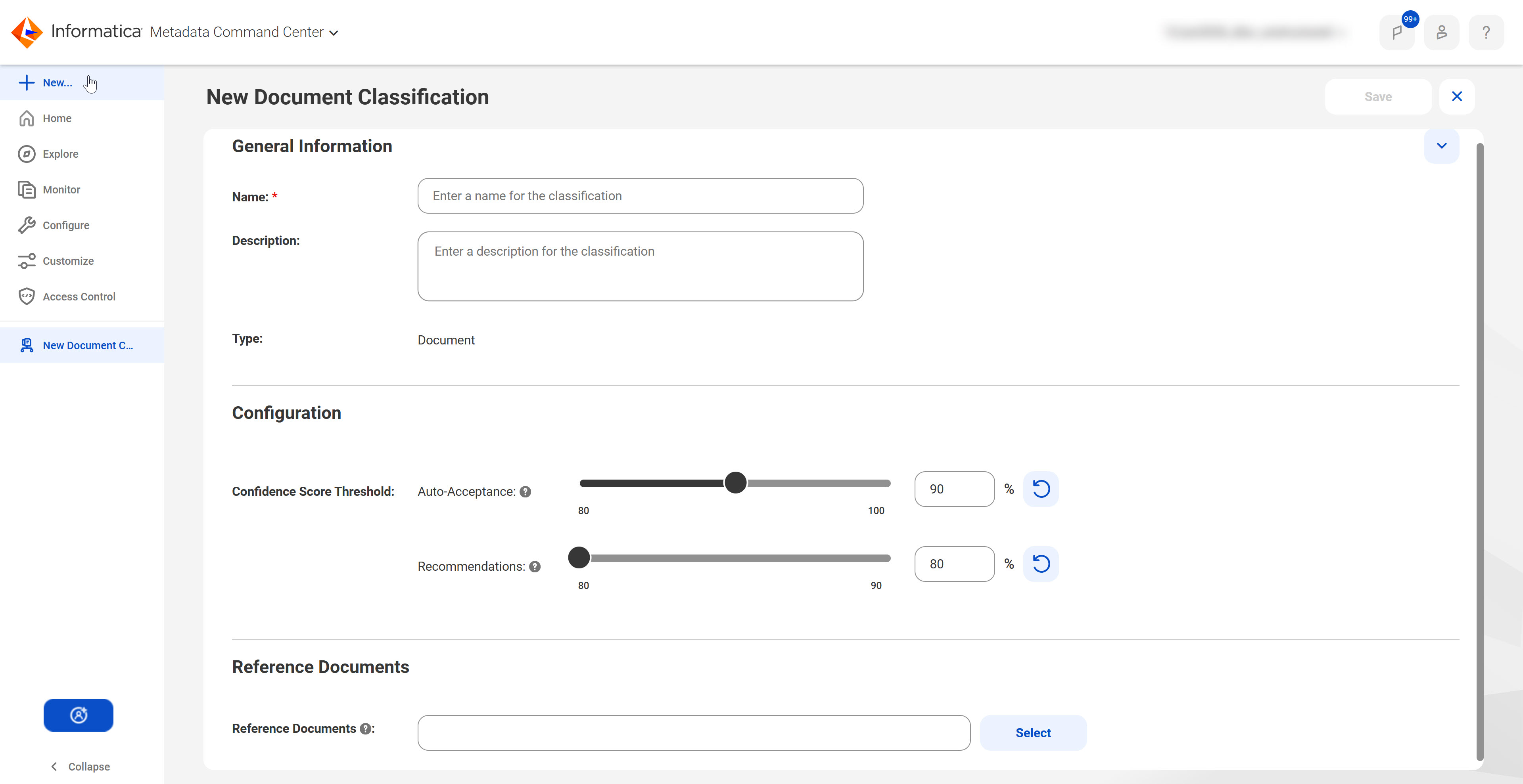 New Document Classification page displaying fields for name, description, confidence score threshold scores, and reference document selection.