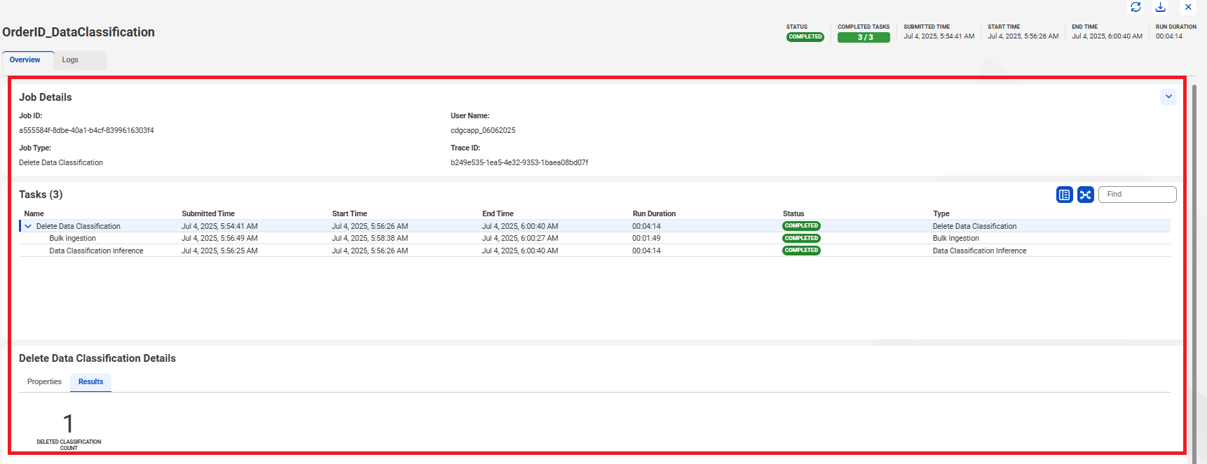The Job Details page shows job details including Job ID, Job Type, Status, Submitted Time, Start Time, End Time, Run Duration, User Name, Trace ID, and a list of completed tasks with their names and statuses.