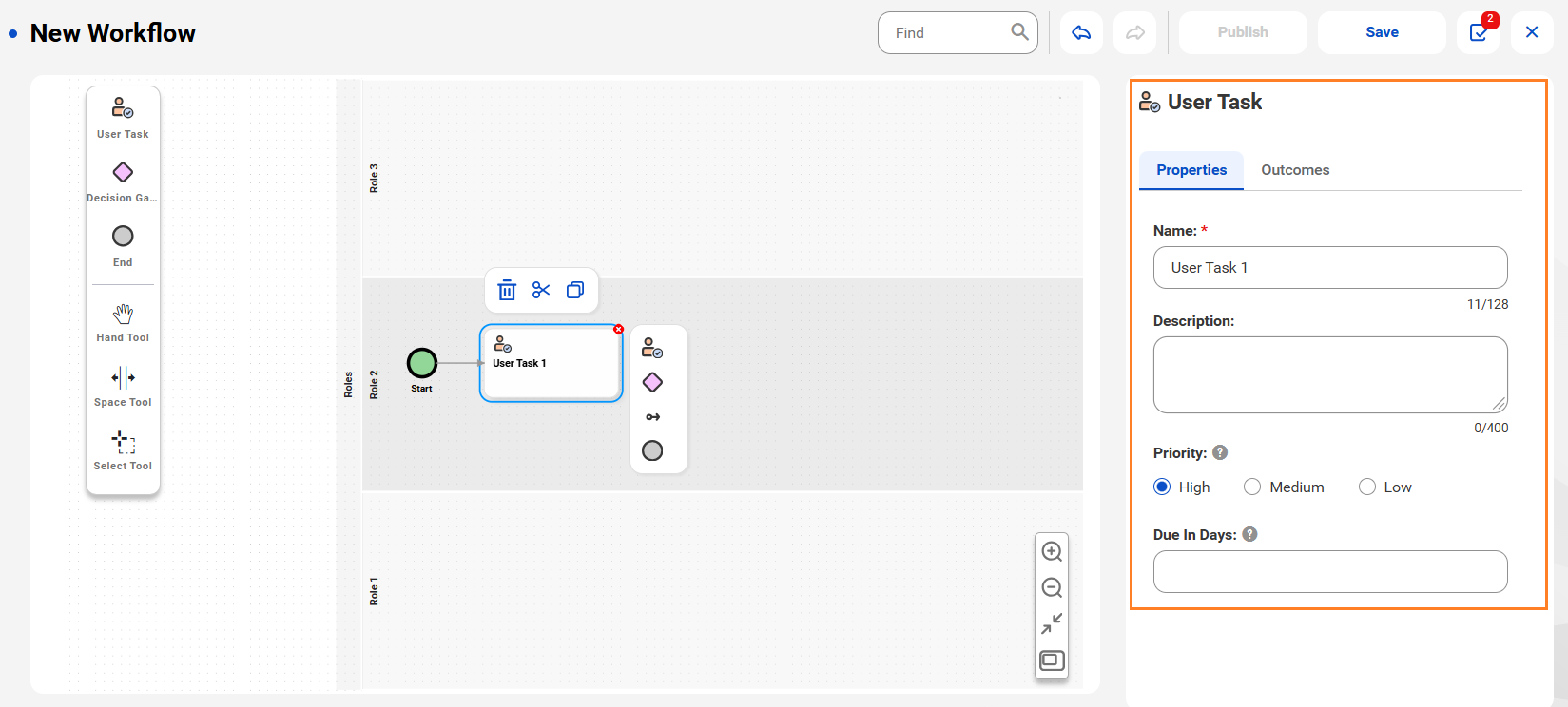 The image shows the Properties tab of User Task 1.