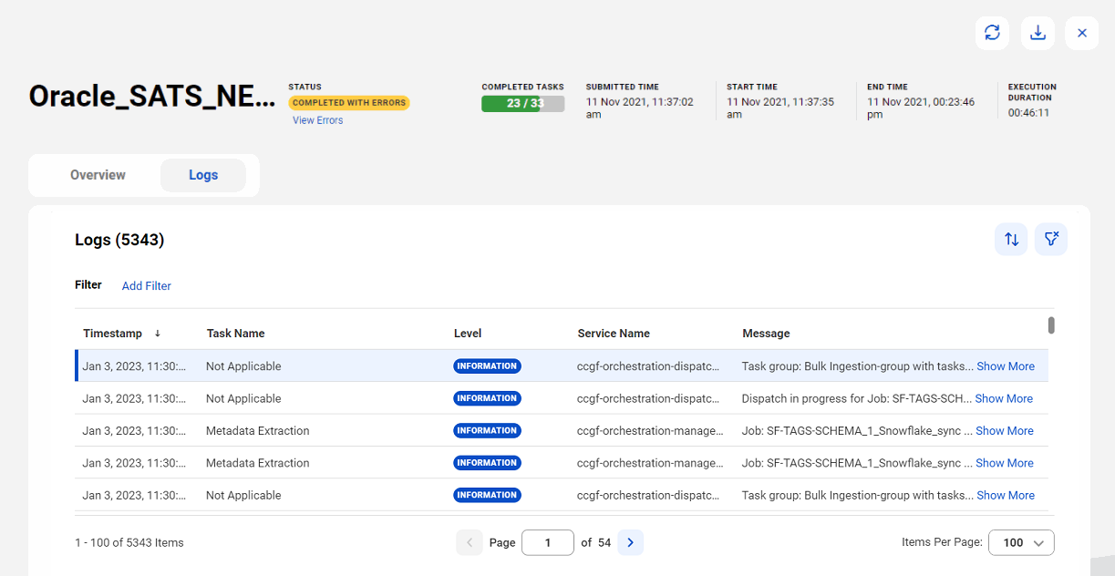 Image of the Logs page for jobs of technical assets.