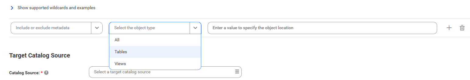 The image shows the filter conditions for linking catalog sources with the object type list items visible.