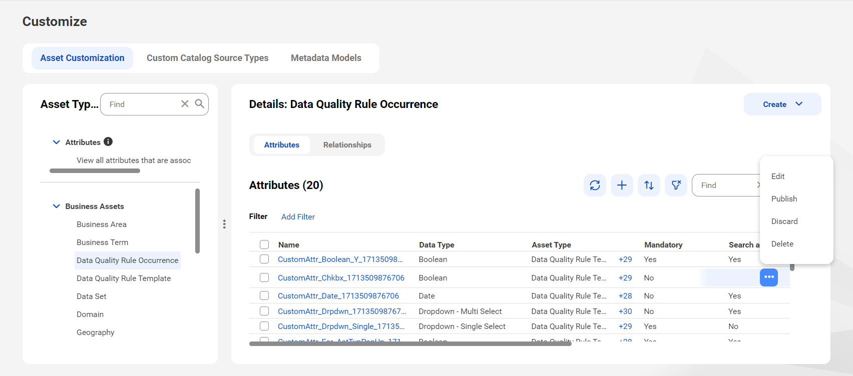 Image depicting the Asset Customization tab on the Customize page. The Attributes tab for the Data Quality Rule Template asset type is open.