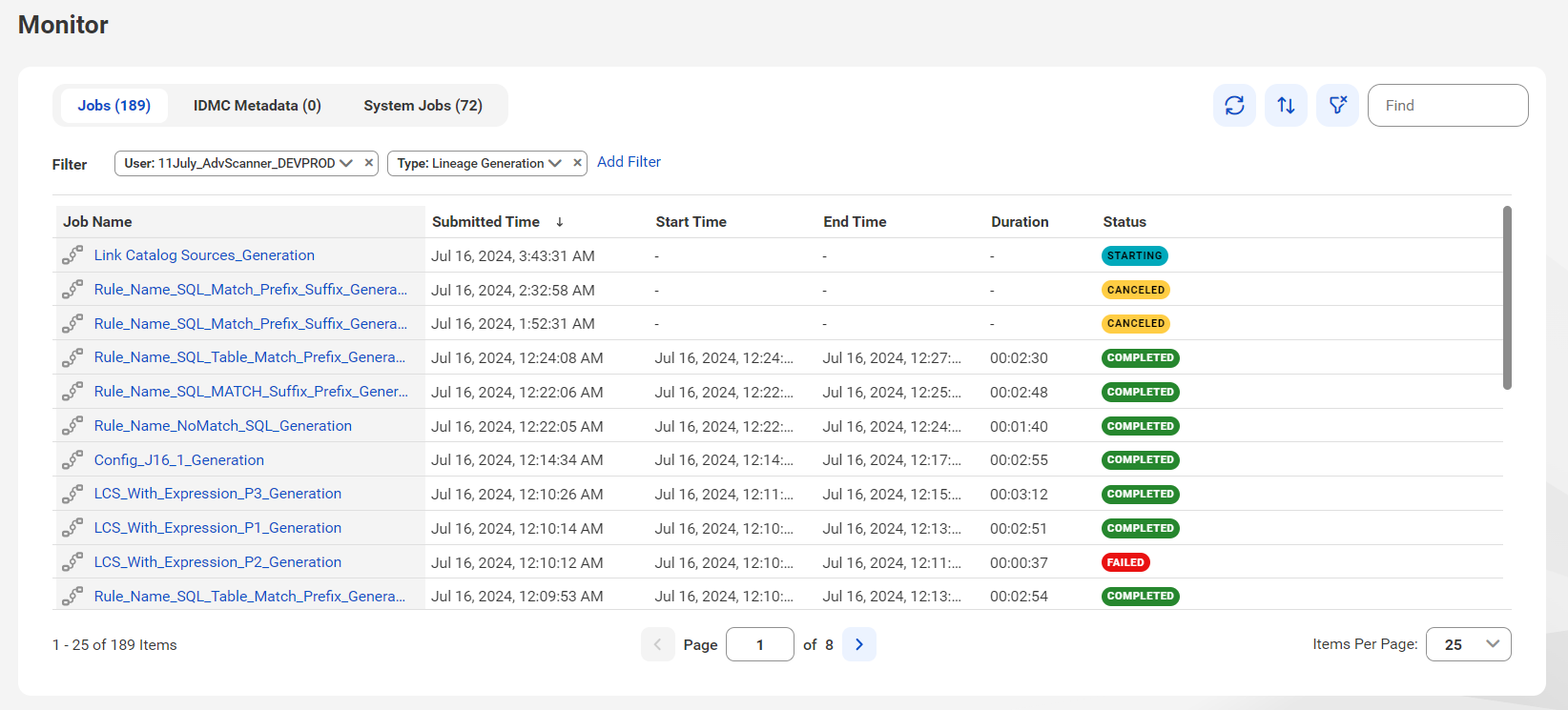 The image shows the jobs in the Job Monitoring tab of the Monitor page.