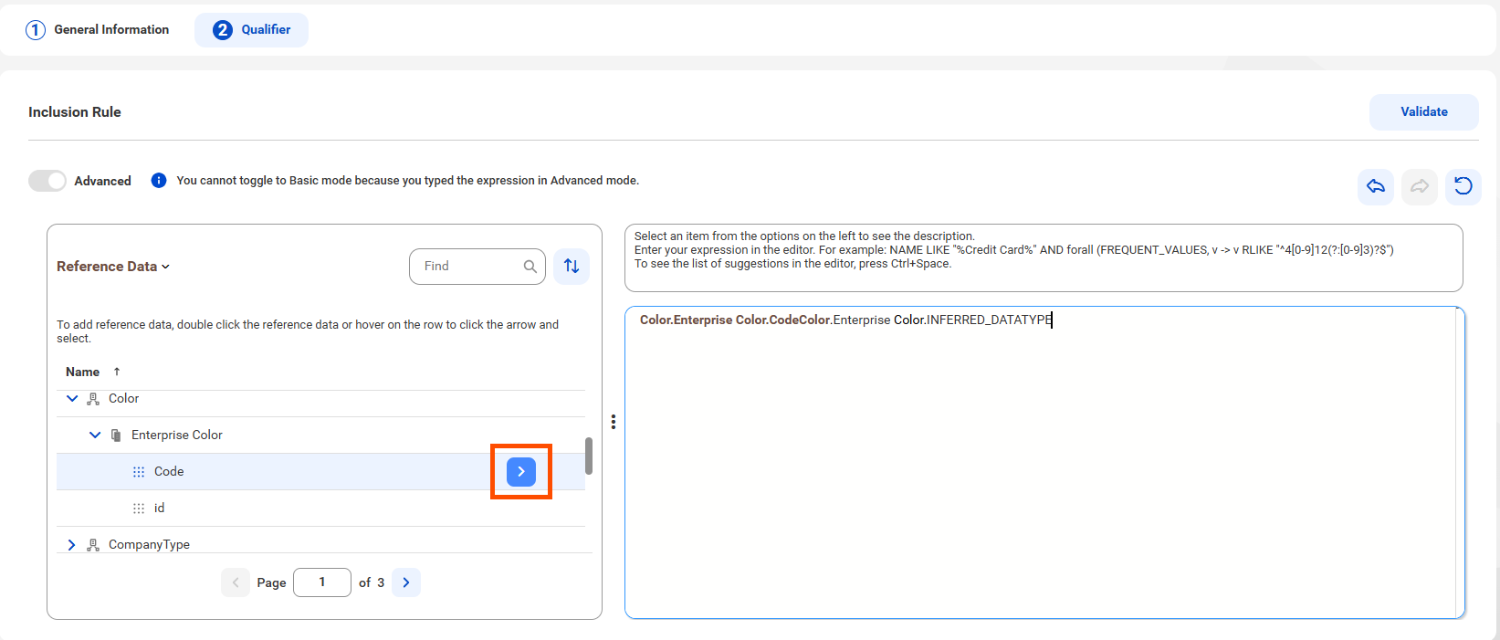 The Qualifier page shows the Inclusion Rule section with the Advanced toggle enabled. The Reference Data panel allows double-click to select data, with the Enterprise Color hierarchy expanded showing Code and Description options. The Code option is highlighted, with a blue arrow icon to its right for further selection.