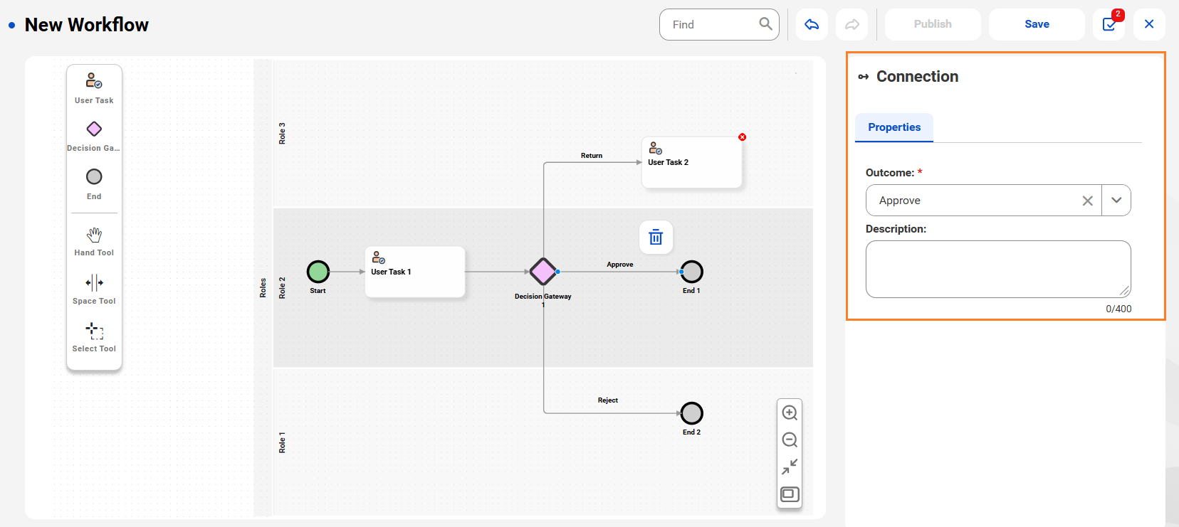 The image shows the Properties tab of an outgoing connection from the Decision Gateway 1 component with Approve selected as the Outcome.