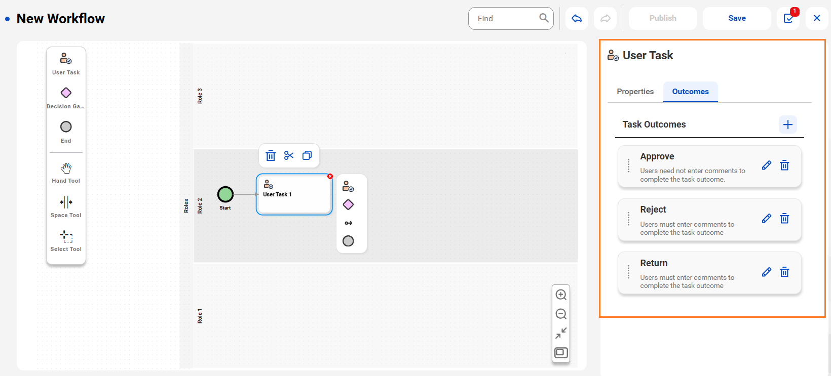 The image shows the Outcomes tab of User Task 1 with three task outcomes, Approve, Reject, and Return.