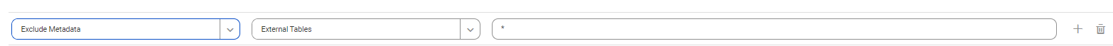 The image shows a profile filter condition that does not run profiles on the metadata extracted from the external tables object type using an asterisk wildcard for an Athena source system.