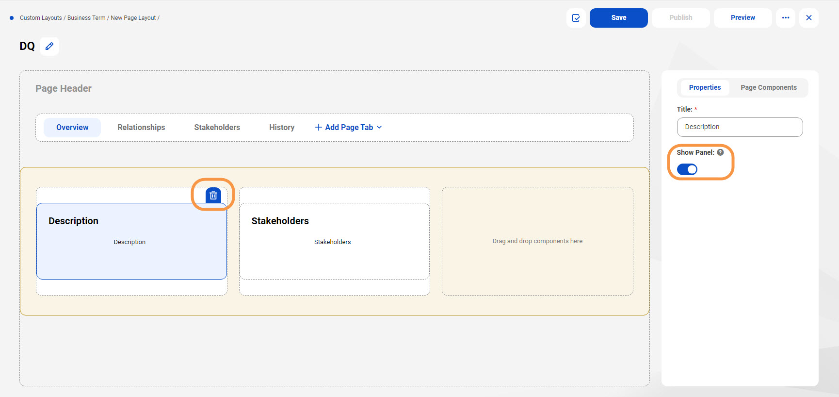 Image depicting the delete button and show-hide toggle for an attribute within a panel.