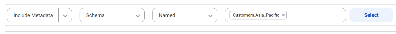 The image shows a profile filter condition to run profiles on the metadata extracted from the Asia_Pacific table located in the Customers schema of an Oracle source system.