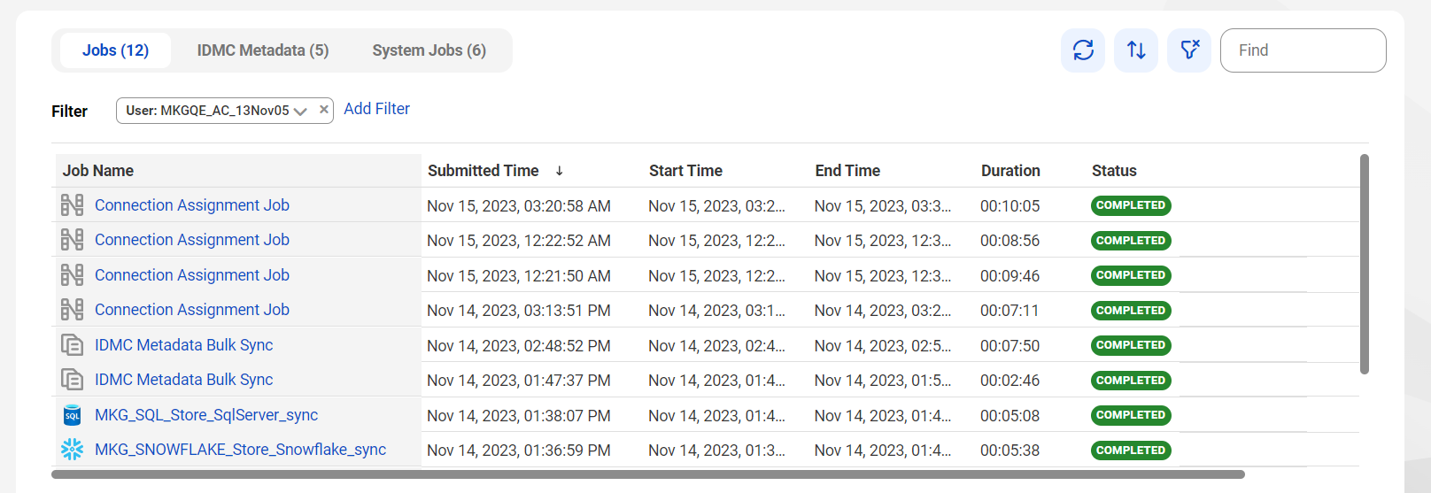 The image shows the jobs in the Job Monitoring tab of the Monitor page.