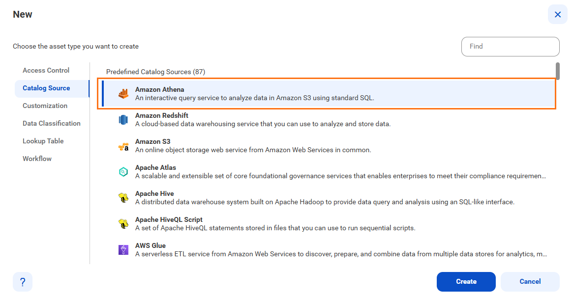 The image shows the list of catalog sources with the Amazon Athena catalog source selected and an option to create a new catalog source.