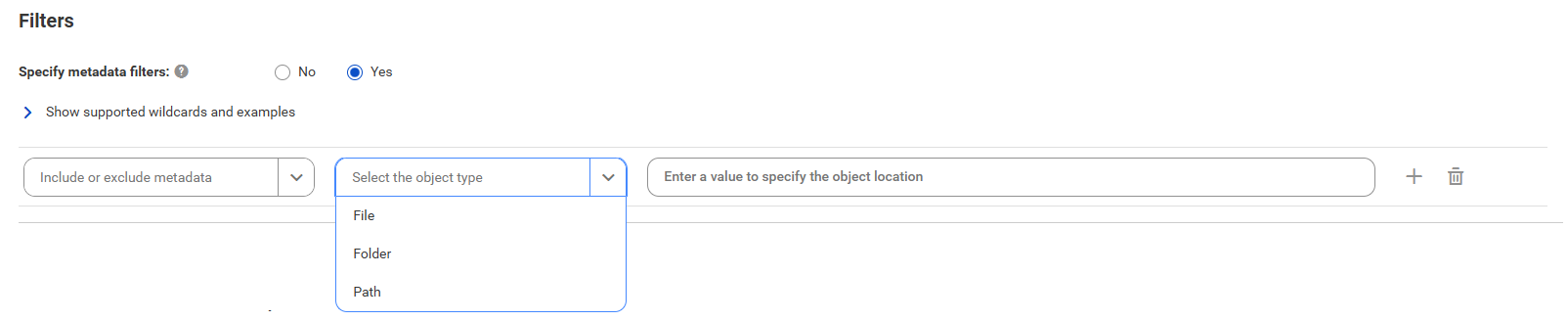 The image shows the filter conditions for the catalog source. It shows 'File', 'Folder', and 'Path' as the object types.