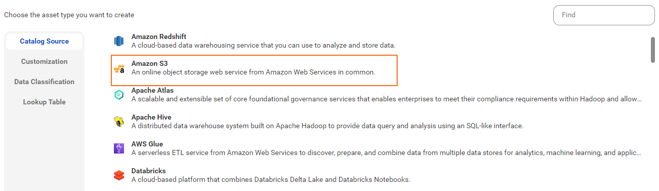 The image shows the list of catalog sources with the Amazon S3 catalog source selected and an option to create a new catalog source.