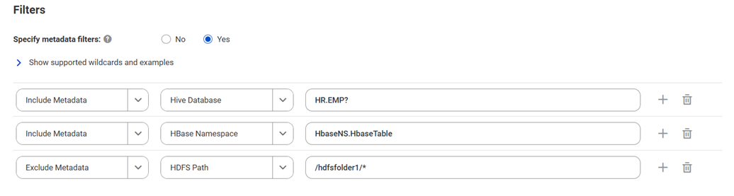 The image shows the filter conditions for an Apache Atlas catalog source that includes metadata related to Hive tables in the HR database with names that start with EMP followed by a single character, includes metadata related to the table named HbaseTable located in the HbaseNS namespace, and excludes metadata related to all files in the hdfsfolder1 folder and its subfolders.