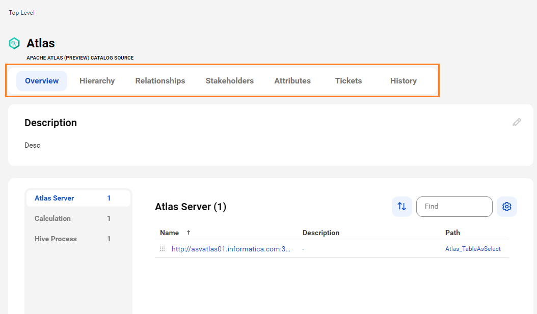 The image shows a sample Apache Atlas asset page with tabs that allow you to view the asset.