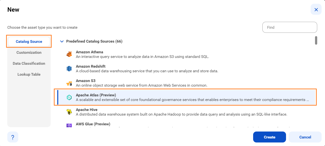 The image shows the list of catalog sources with the Apache Atlas catalog source selected and an option to create a new catalog source.