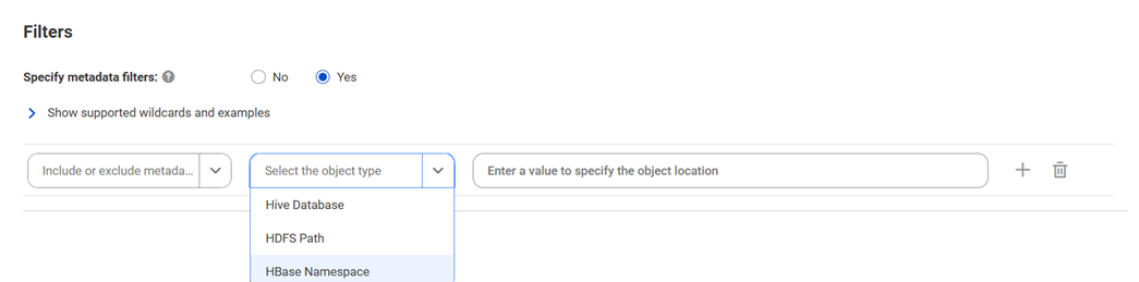 The image shows the Filters area for the Apache Atlas catalog source. You can select to include or exclude metadata from Hive Database or HDFS path and enter a value to specify the object location.