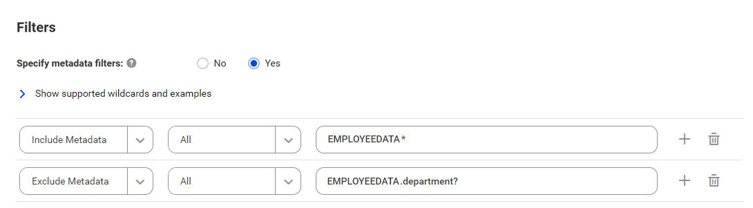 The image shows the filter conditions for an Apache Hive catalog source that includes and excludes metadata from Apache Hive objects.