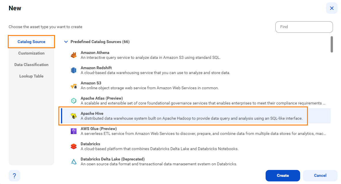 The image shows the list of catalog sources with the Apache Hive catalog source selected and an option to create a new catalog source.