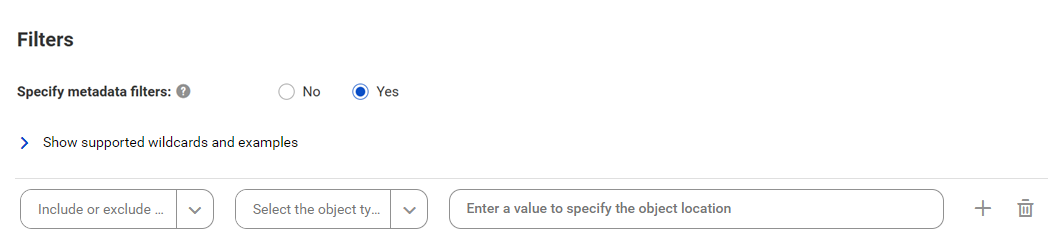 The image shows the Filters area for the Apache Hive catalog source. You can choose to include or exclude metadata from Schema, Tables, Views, or External Tables, and then enter a value to specify the object location.