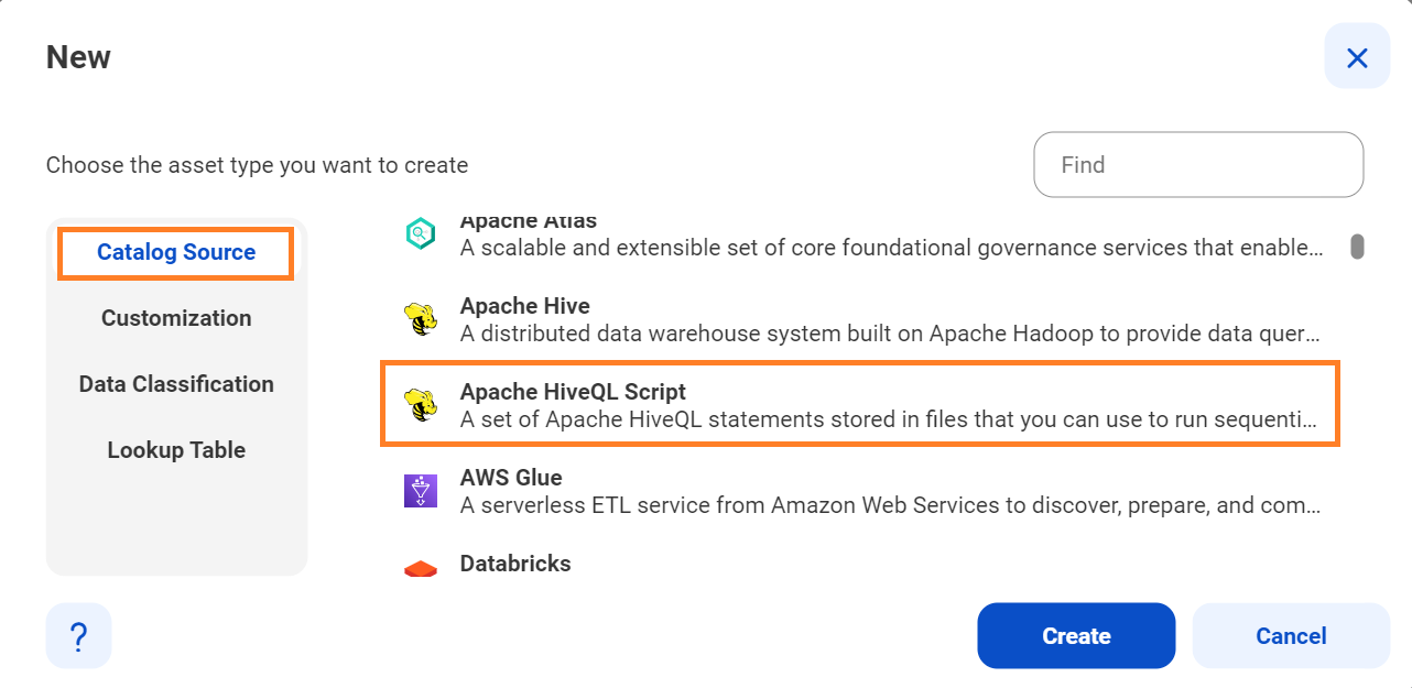 The image shows the list of catalog source types with the Apache HiveQL Script catalog source selected.