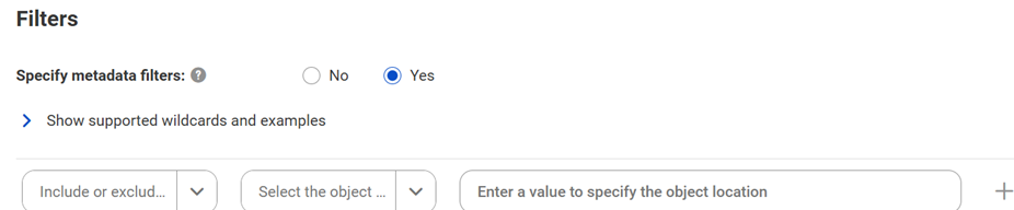 The image shows the Filters area for the Apache HiveQL Script catalog source. You can choose to include or exclude metadata and enter a value to specify the object location.