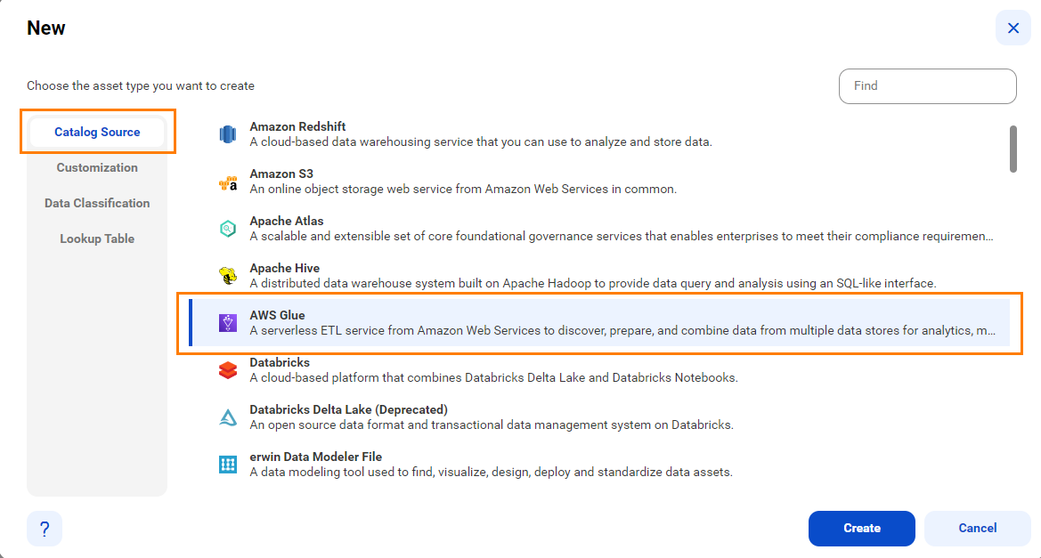 The image shows the list of catalog sources with the AWS Glue catalog source selected and an option to create a new catalog source.
