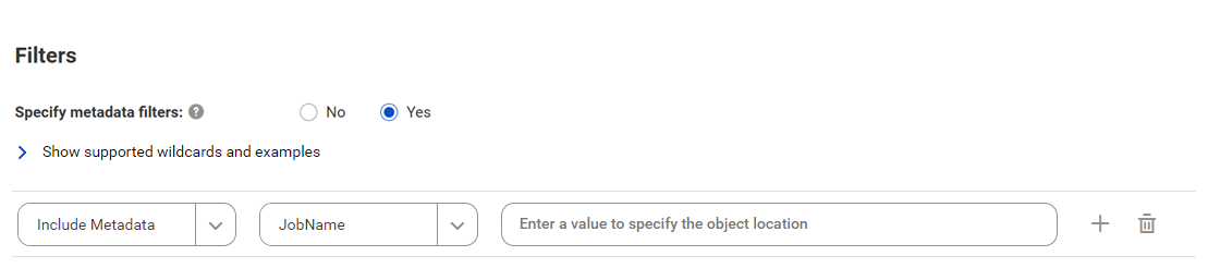 The image shows the Filters area for the AWS Glue catalog source. You can choose to include or exclude metadata from AWS Glue jobs or from Amazon Athena source objects and enter a value to specify the object location.