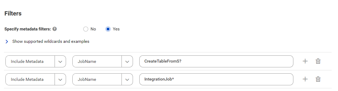 The image shows the filter conditions for an AWS Glue catalog source that includes metadata from AWS Glue jobs.