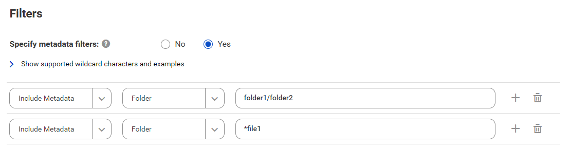The image shows the filter conditions an SFTP File System catalog source that includes metadata from folder1 within folder2 in addition to files ending with the name file1.