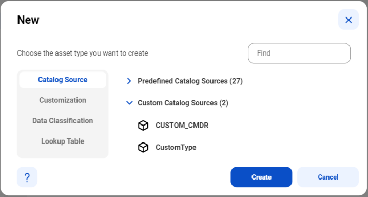 Image depicting the New dialog box. The Custom Catalog Sources section is expanded.