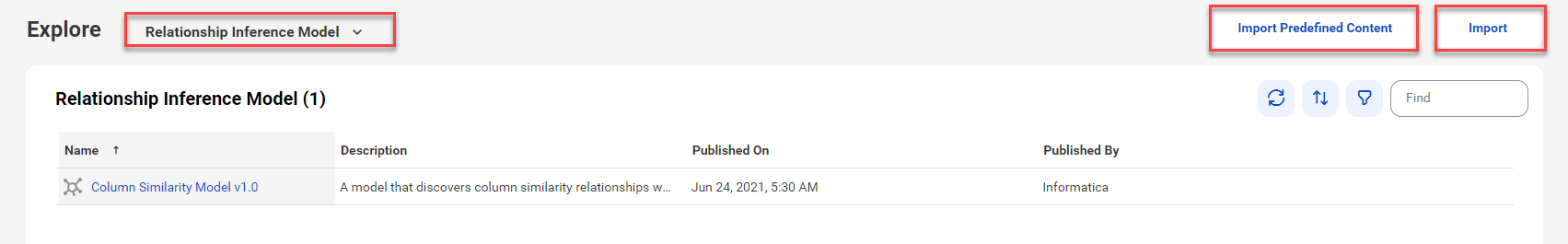 The image shows the Explore page with the Relationship Inference Model menu and the Import Predefined Content options.